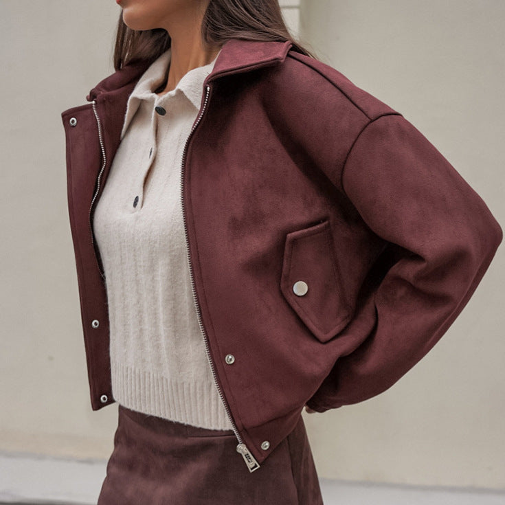 Niche Temperament Lapel Long-sleeved Leather Coat
