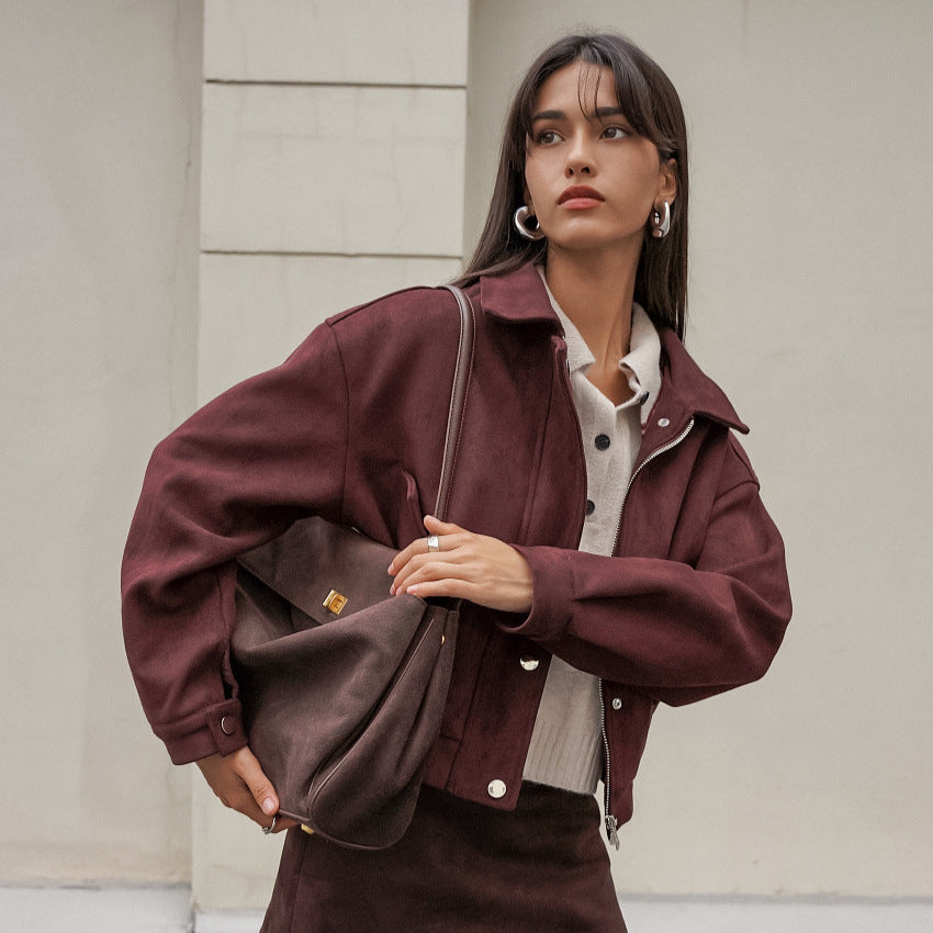 Niche Temperament Lapel Long-sleeved Leather Coat