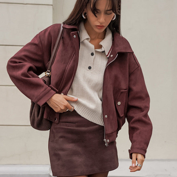 Niche Temperament Lapel Long-sleeved Leather Coat